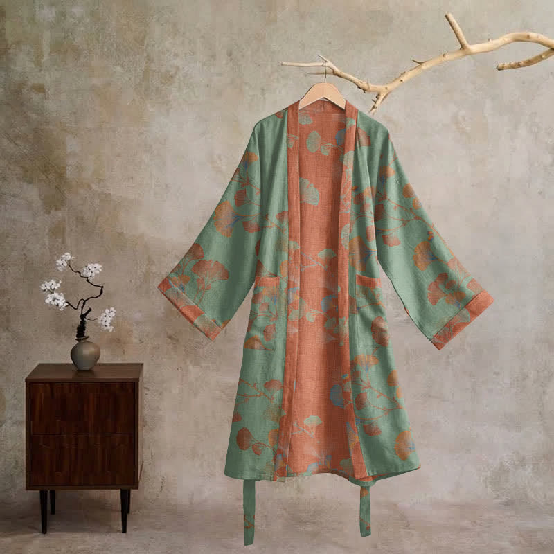 Retro Ginkgo Leaf Cotton Kimono Robe - image 11