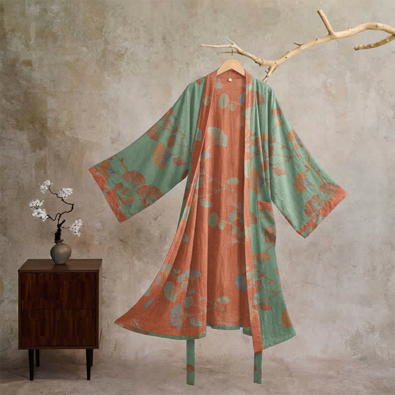 Retro Ginkgo Leaf Cotton Kimono Robe - Green & Red - XL - image 10