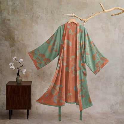 Retro Ginkgo Leaf Cotton Kimono Robe - Green & Red - XL - image 10