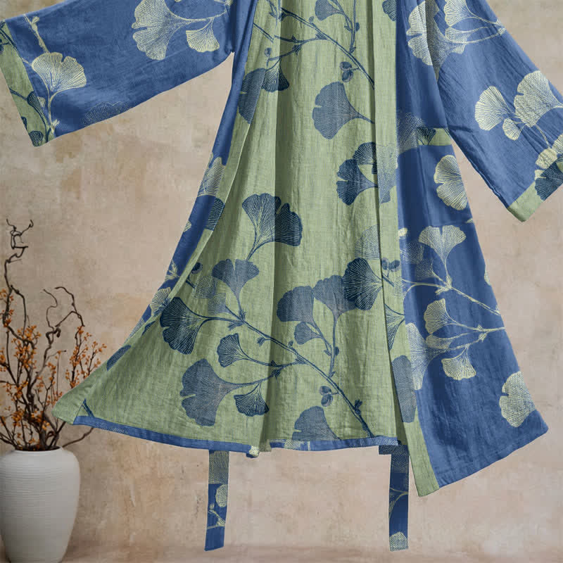 Retro Ginkgo Leaf Cotton Kimono Robe - image 7