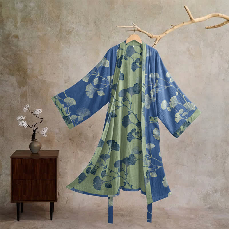 Retro Ginkgo Leaf Cotton Kimono Robe - Deep Blue & Grass green - XL - image 5