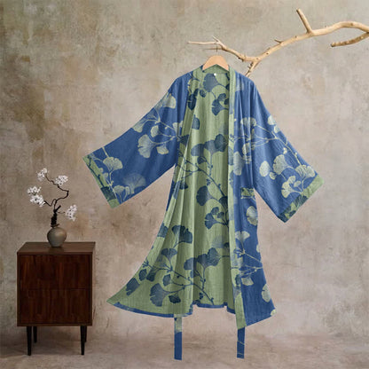 Retro Ginkgo Leaf Cotton Kimono Robe - Deep Blue & Grass green - XL - image 5