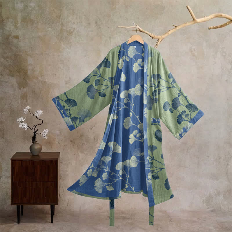 Retro Ginkgo Leaf Cotton Kimono Robe - Glass Green & Deep Blue - XL - image 22