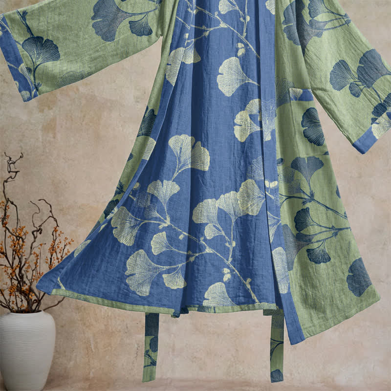 Retro Ginkgo Leaf Cotton Kimono Robe - image 24