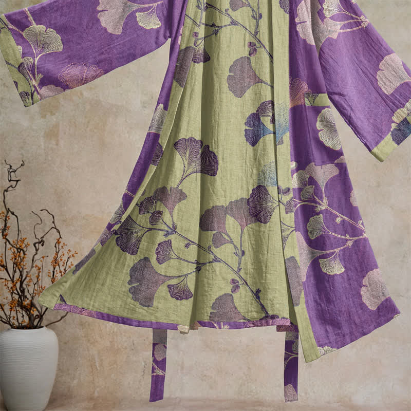 Retro Ginkgo Leaf Cotton Kimono Robe - image 2