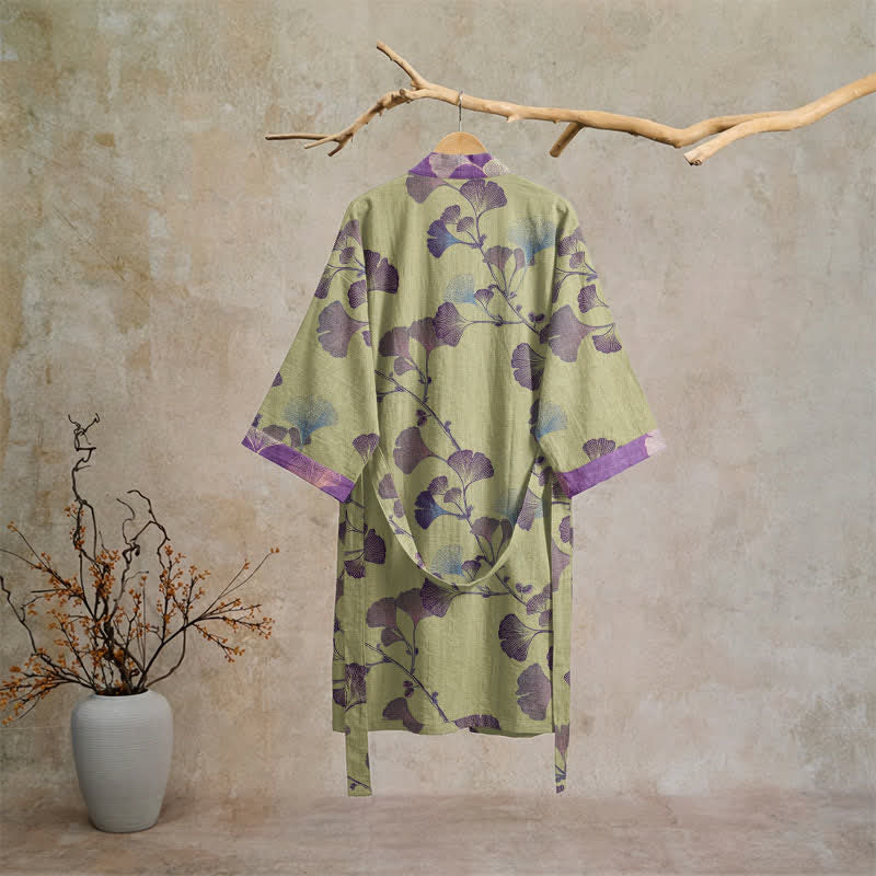 Retro Ginkgo Leaf Cotton Kimono Robe - image 29