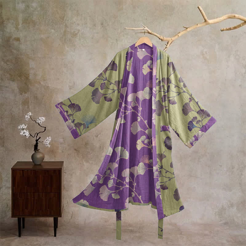 Retro Ginkgo Leaf Cotton Kimono Robe - Grass green & Purple - XL - image 28