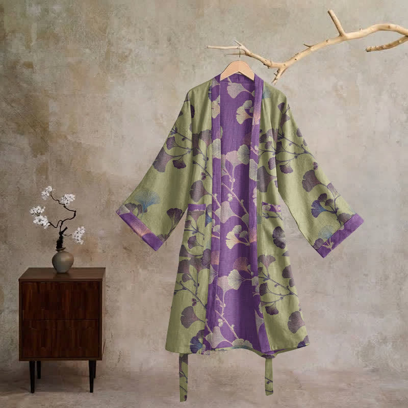 Retro Ginkgo Leaf Cotton Kimono Robe - image 33