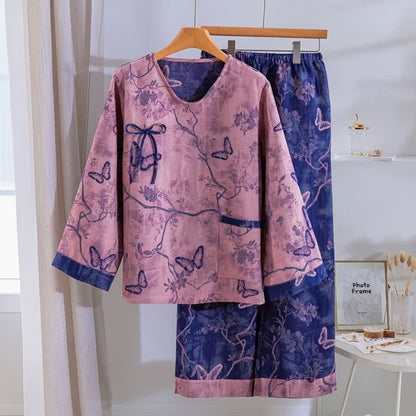 Retro Purple Butterfly Floral Cotton Loungewear Set - image 1
