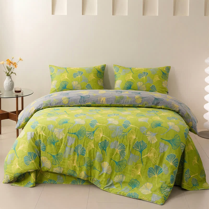 Vintage Green Ginkgo Leaf Cotton Reversible Bedding Set - image 2