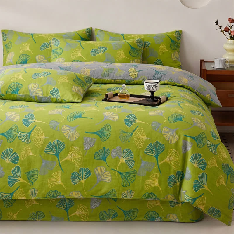 Vintage Green Ginkgo Leaf Cotton Reversible Bedding Set - image 1