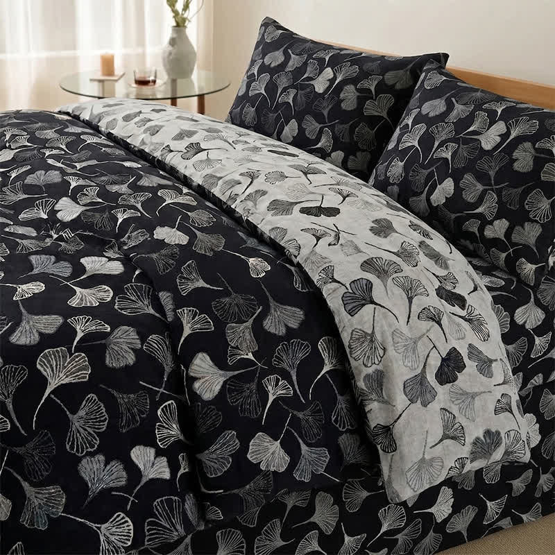 Vintage Black Ginkgo Leaf Reversible Cotton Bedding Set - Black - 2PCS Pillowcases - 20" x 37" - image 2