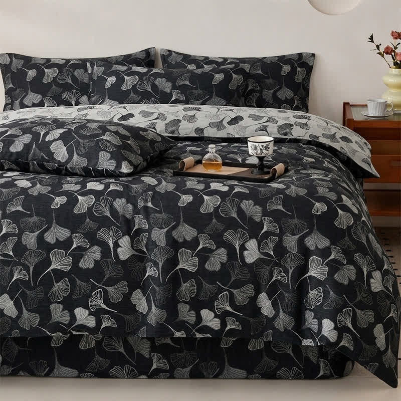 Vintage Black Ginkgo Leaf Reversible Cotton Bedding Set - image 1