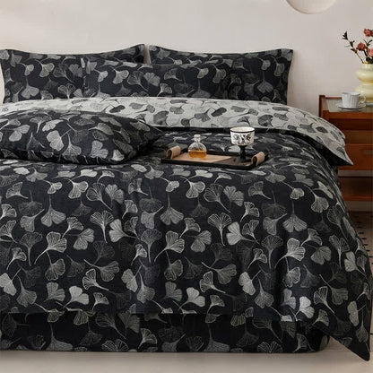 Vintage Black Ginkgo Leaf Reversible Cotton Bedding Set - image 1