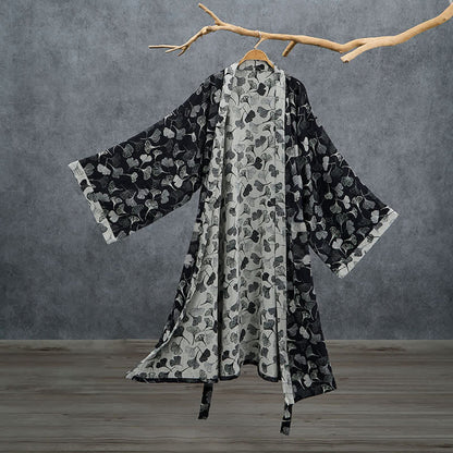 Black White Ginkgo Leaf Cotton Kimono Robe - Black - 2XL - image 0