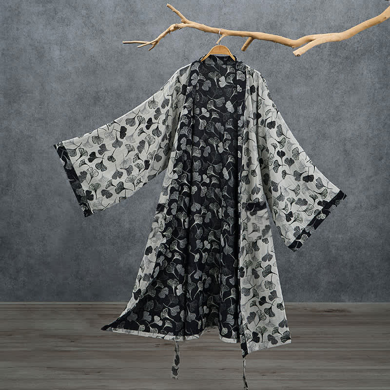 Black White Ginkgo Leaf Cotton Kimono Robe - White - 2XL - image 7