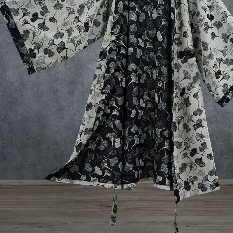 Black White Ginkgo Leaf Cotton Kimono Robe - image 11