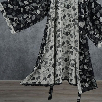 Black White Ginkgo Leaf Cotton Kimono Robe - image 4