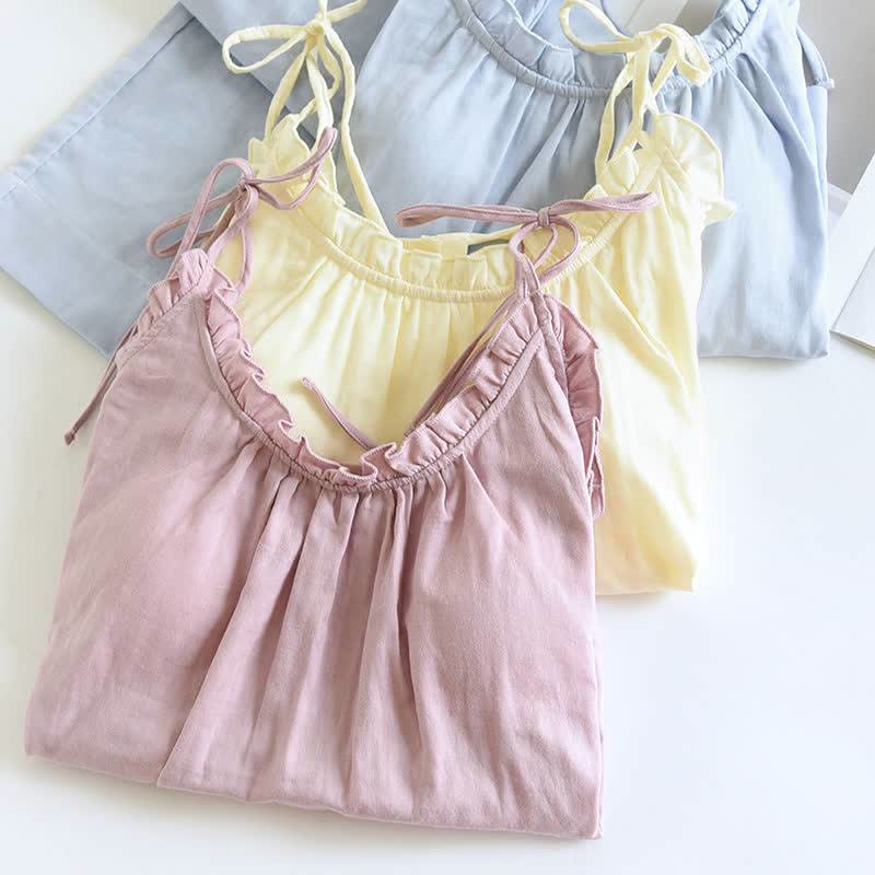 Solid Color Ruffle Cotton Camisole Pajamas - image 1