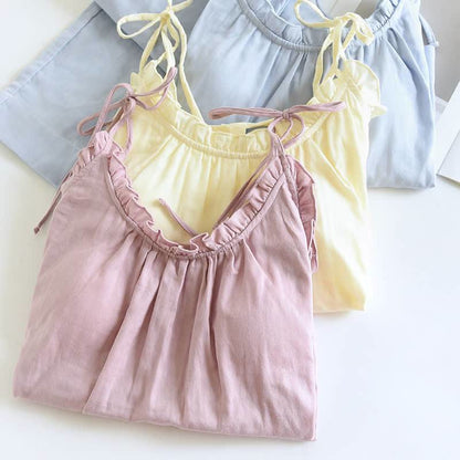 Solid Color Ruffle Cotton Camisole Pajamas - image 1