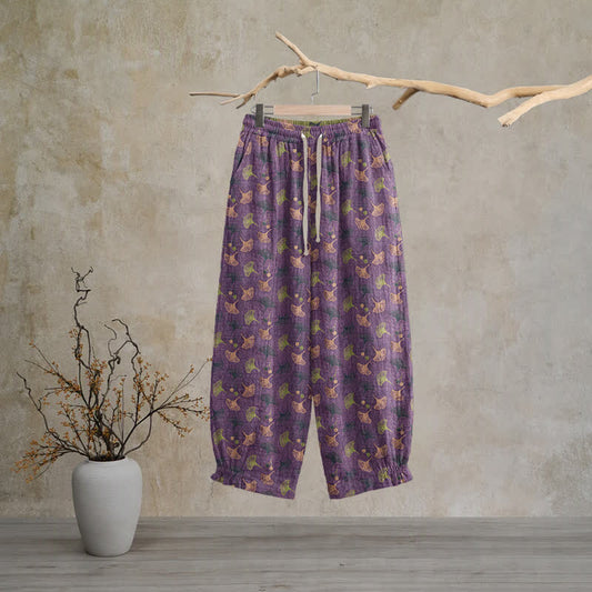 Retro‑Style Ginkgo Leaf Cotton Loose Lounge Pants - Purple - XL - image 0