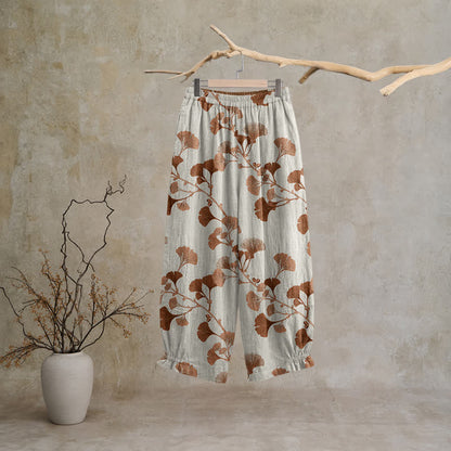 Beige Base Rust Ginkgo Leaf Pattern Cotton Lounge Pants - image 1