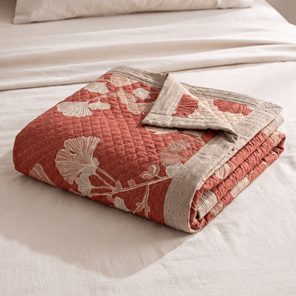 Red Ginkgo Leaf Pattern Cotton Blanket - Terracotta Red - 92" x 104" - Blanket - image 0