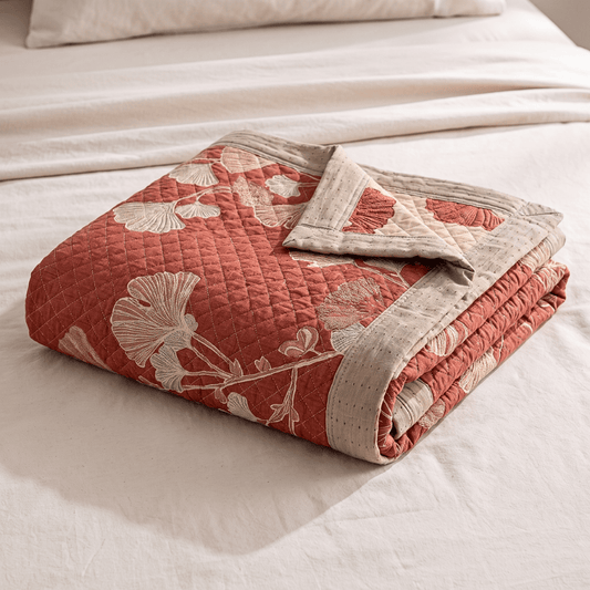 Red Ginkgo Leaf Pattern Cotton Blanket - Terracotta Red - 92" x 104" - Blanket - image 0