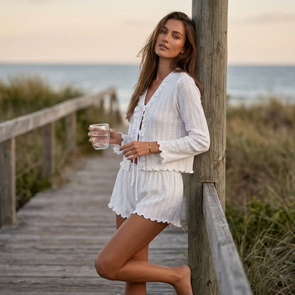 White Ruffle Cotton Loungewear Set - image 4
