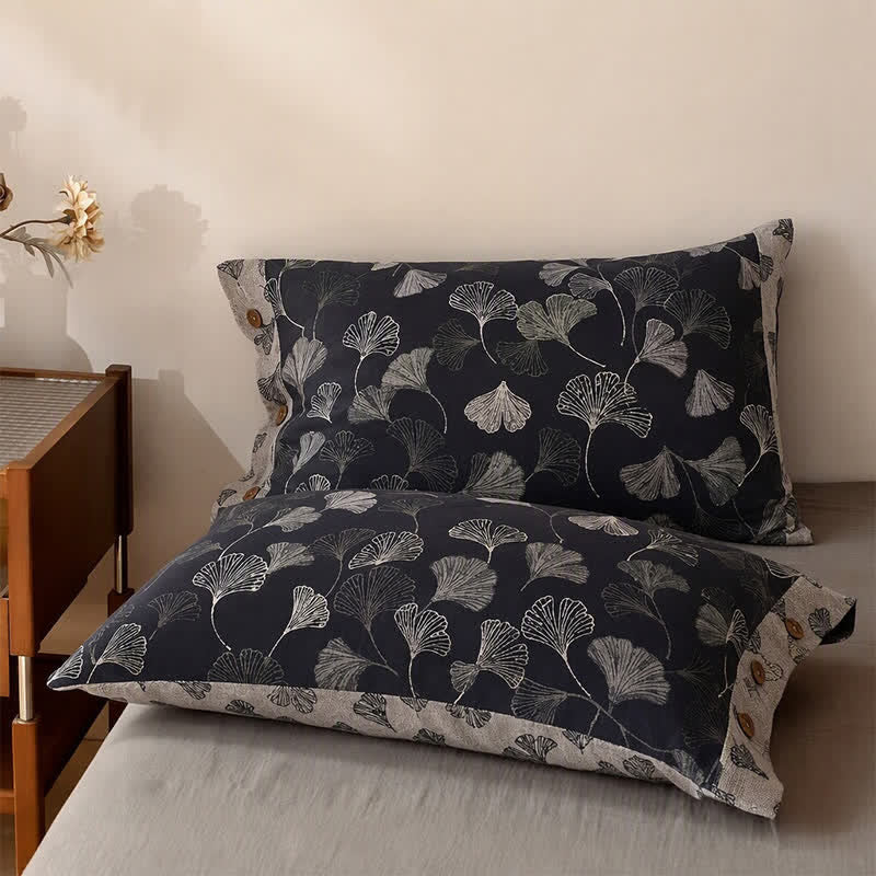 Vintage Black Ginkgo Leaf Reversible Cotton Bedding Set - Black - 2PCS Pillowcases - 40" x 20" - image 2