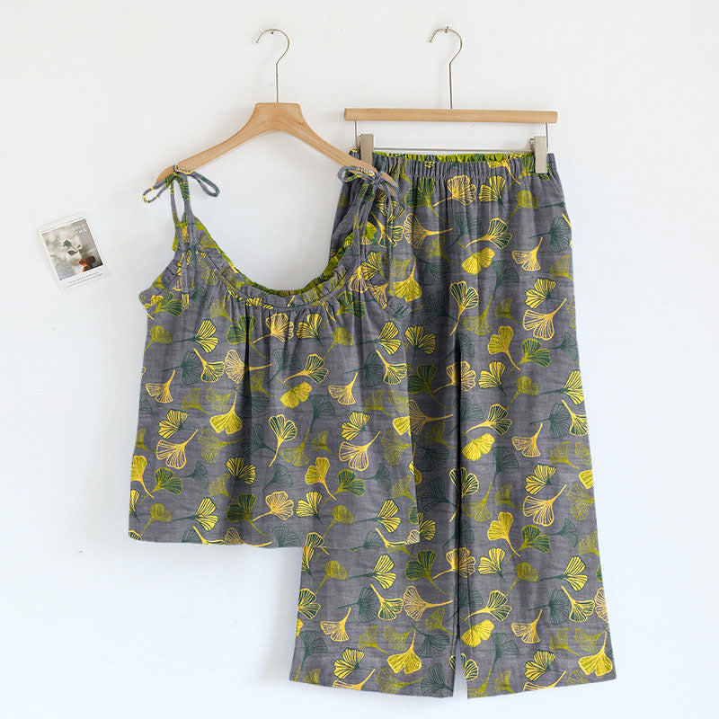 Retro Botanical Ginkgo Leaf Cotton Cami Loungewear Set - Gray - XL - image 4