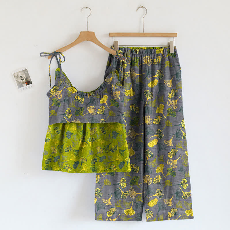 Retro Botanical Ginkgo Leaf Cotton Cami Loungewear Set - image 5