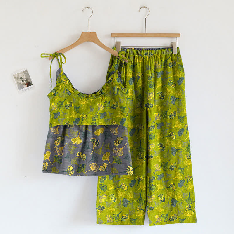 Retro Botanical Ginkgo Leaf Cotton Cami Loungewear Set - image 1