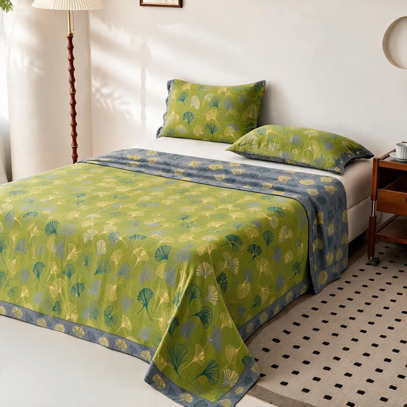 Vintage Green Ginkgo Leaf Cotton Bedspread Set - Green - Bedspread with 2PCS Pillowcases - King - image 2