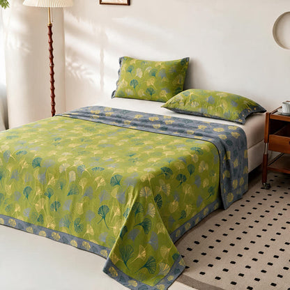 Vintage Green Ginkgo Leaf Cotton Bedspread Set - Green - Bedspread with 2PCS Pillowcases - King - image 2