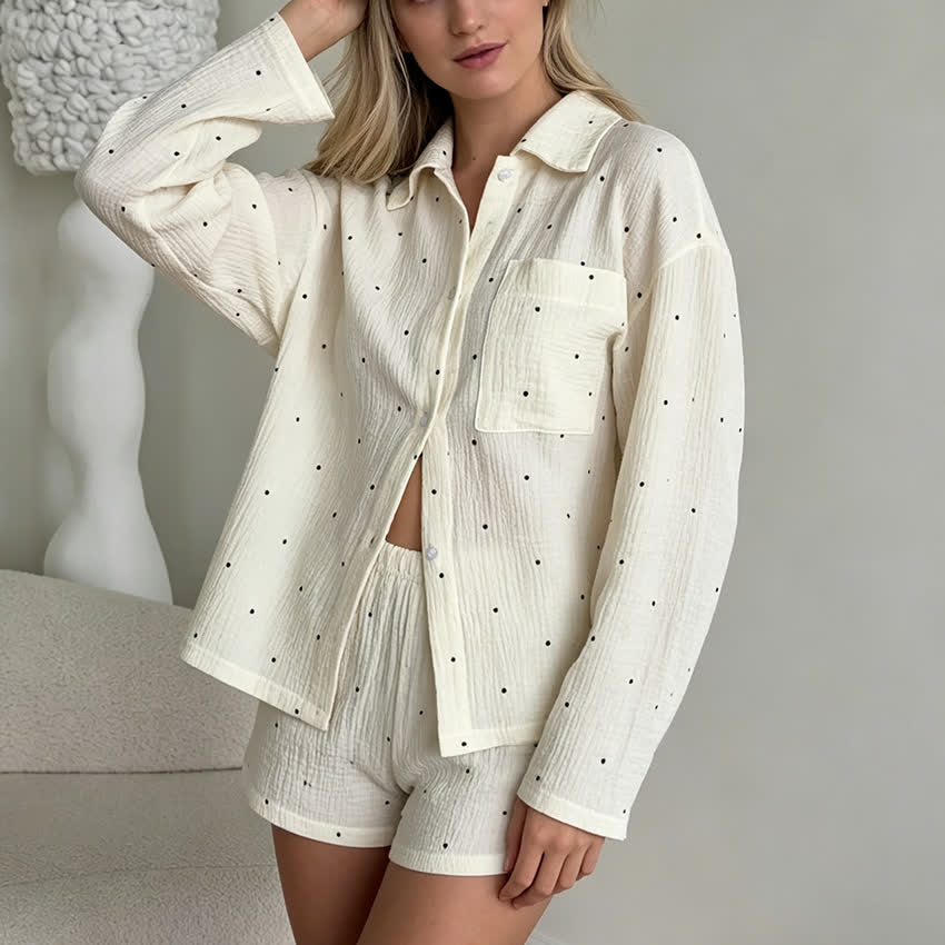 Collared Dot Print Cotton Pajama Set - Beige - L - image 0
