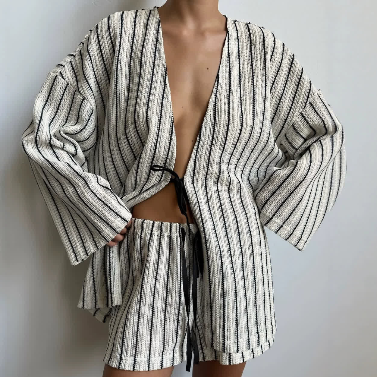 Effortless Stripe Cotton Wrap Resort Loungewear Set - image 1