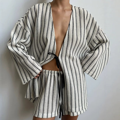 Effortless Stripe Cotton Wrap Resort Loungewear Set - image 1