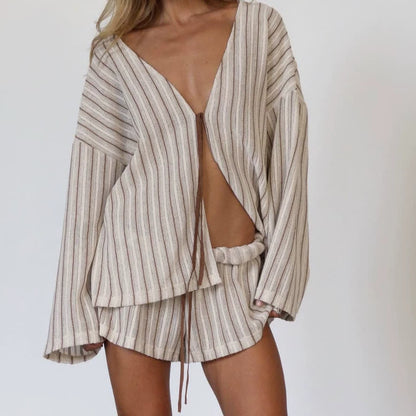 Effortless Stripe Cotton Wrap Resort Loungewear Set - Brown - L - image 2
