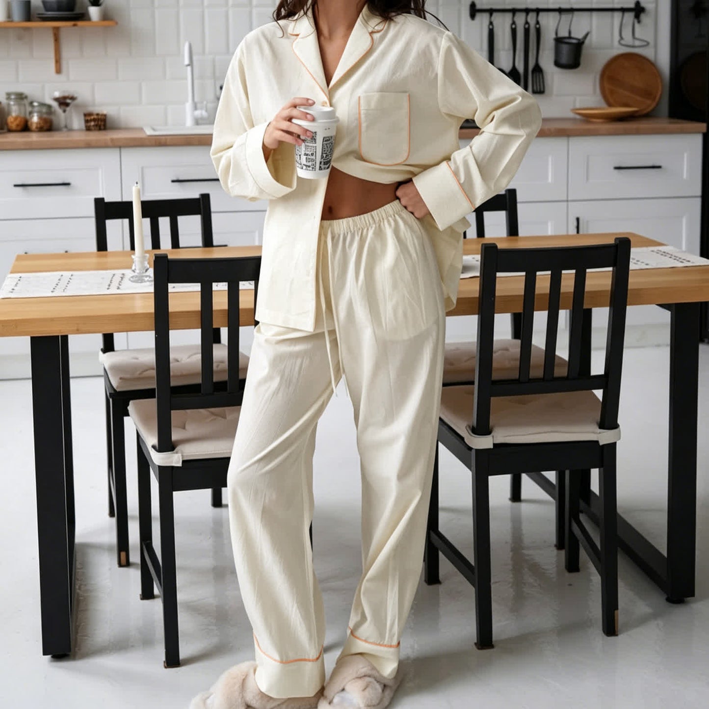 Minimal Cotton Pocketed Long Sleeve Pajama Set - Beige - L - image 0