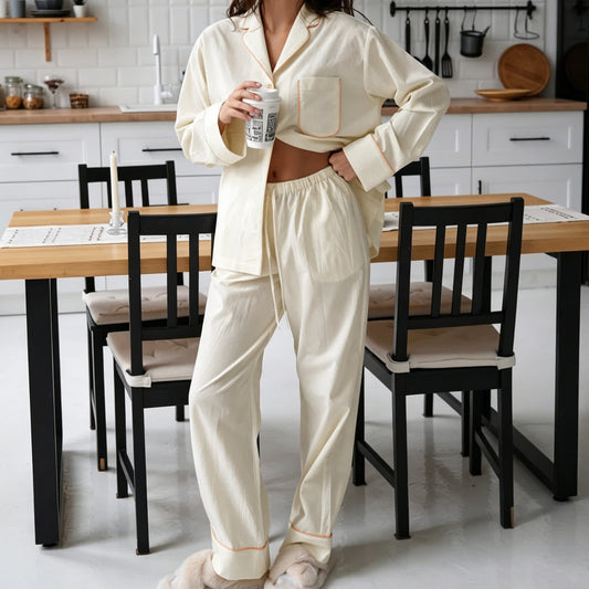Minimal Cotton Pocketed Long Sleeve Pajama Set - Beige - L - image 0