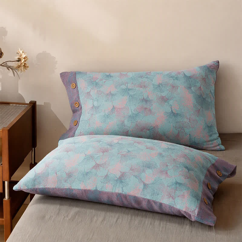 Muted Vintage Ginkgo Leaf Cotton Bedding Set - Blue - 2PCS Pillowcases - 40" x 20" - image 5