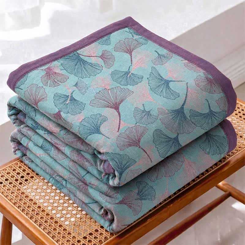 Retro Botanical Ginkgo Leaf Cotton Blanket - image 1