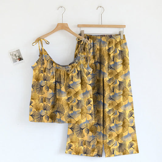 Retro Ginkgo‑Leaf Cotton Cami Lounge Set - Yellow - XL - image 0