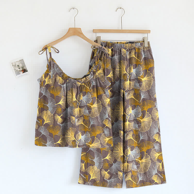 Retro Ginkgo‑Leaf Cotton Cami Lounge Set - Light Brown - XL - image 4