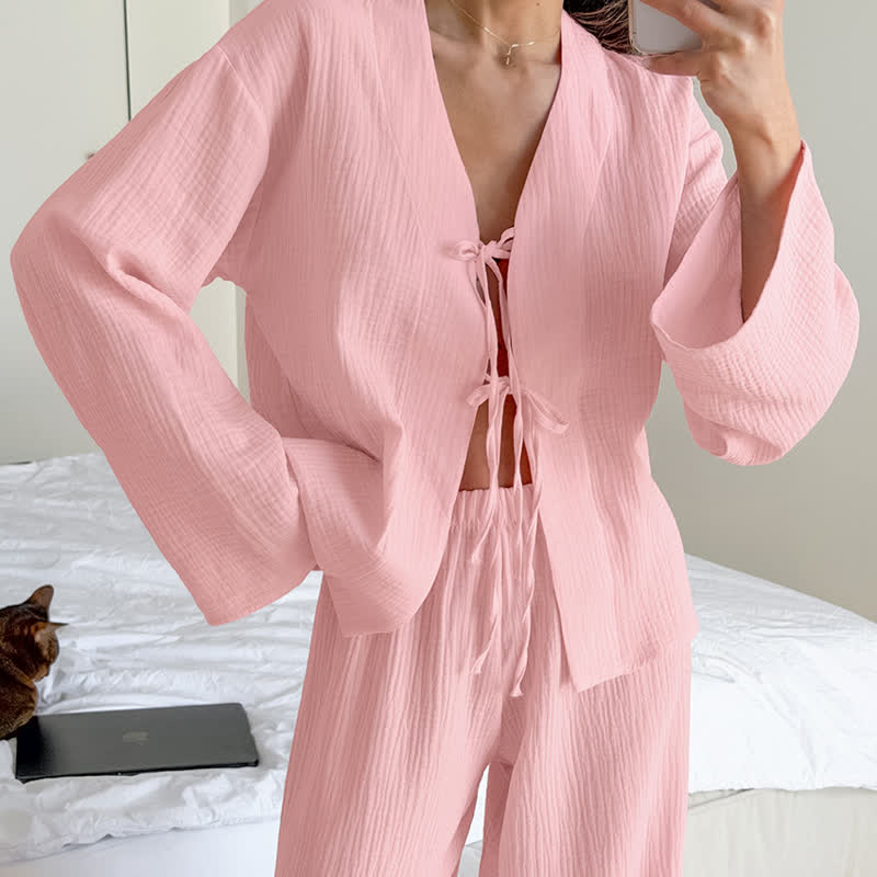 Soft Crinkle Textured Cotton Loungewear Set - Pink - L - image 1
