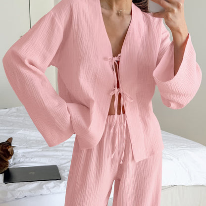 Soft Crinkle Textured Cotton Loungewear Set - Pink - L - image 1