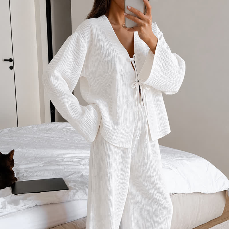 Soft Crinkle Textured Cotton Loungewear Set - White - L - image 4