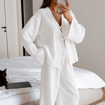Soft Crinkle Textured Cotton Loungewear Set - White - L - image 4