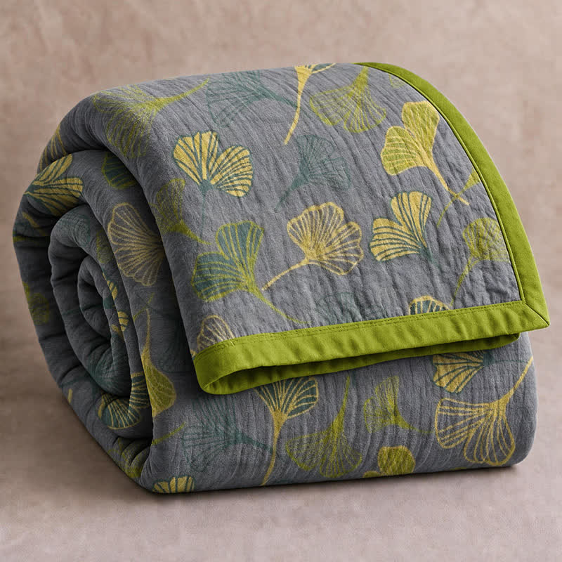 Green‑Gray Ginkgo Leaf Cotton Blanket - Light Gray - 92" x 104" - image 5